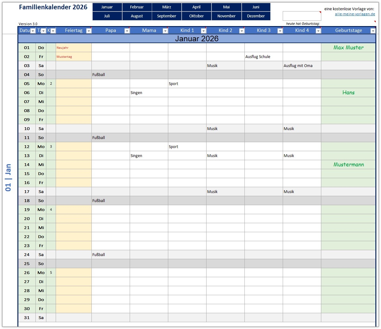 Familienkalender Als Excel Vorlage Alle meine Vorlagen de