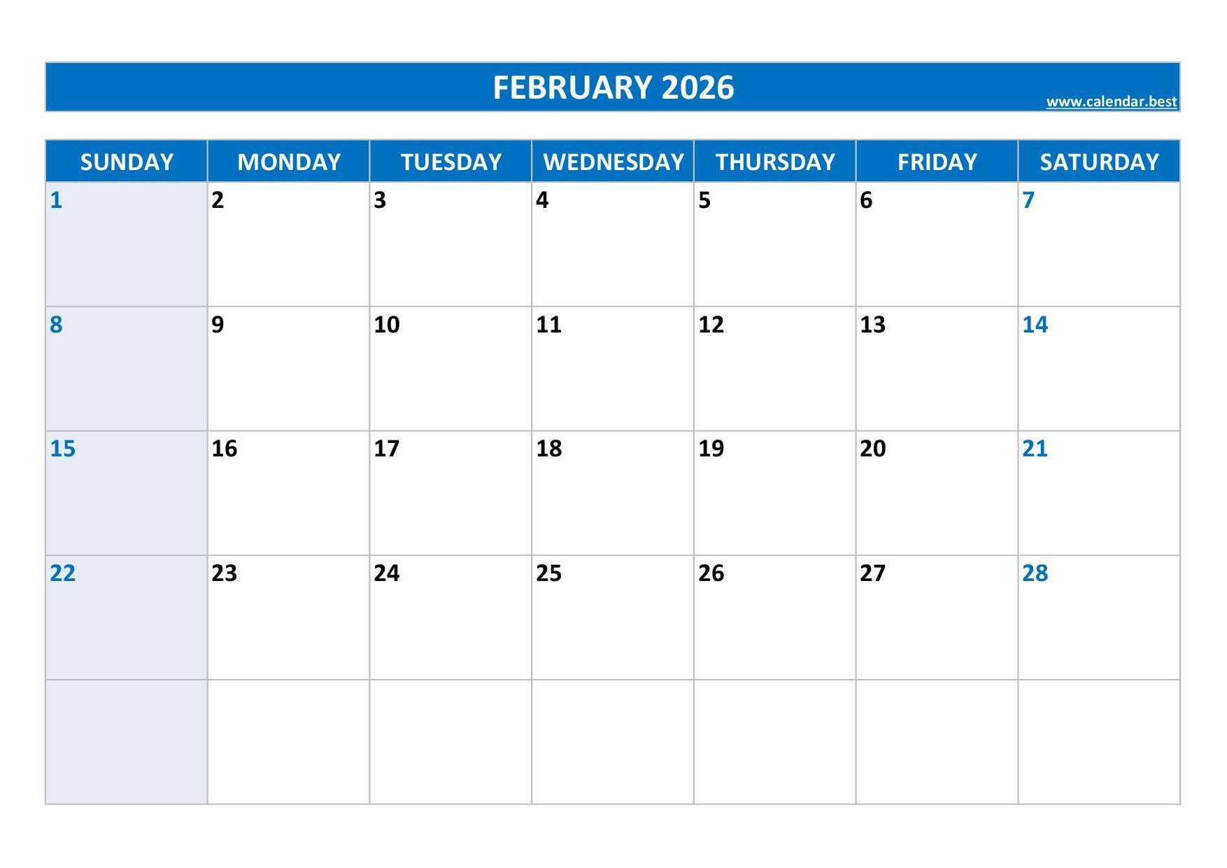 Free Printable Blank February 2026 Calendar