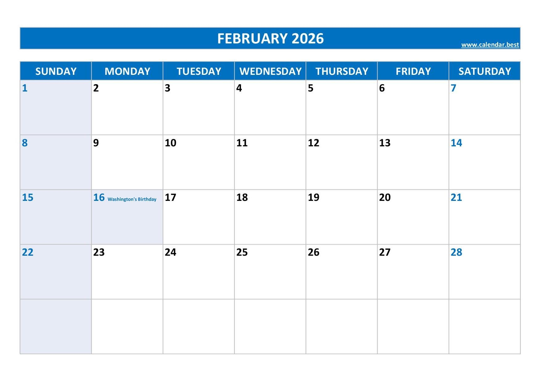 Printable Blank Calendar February 2026