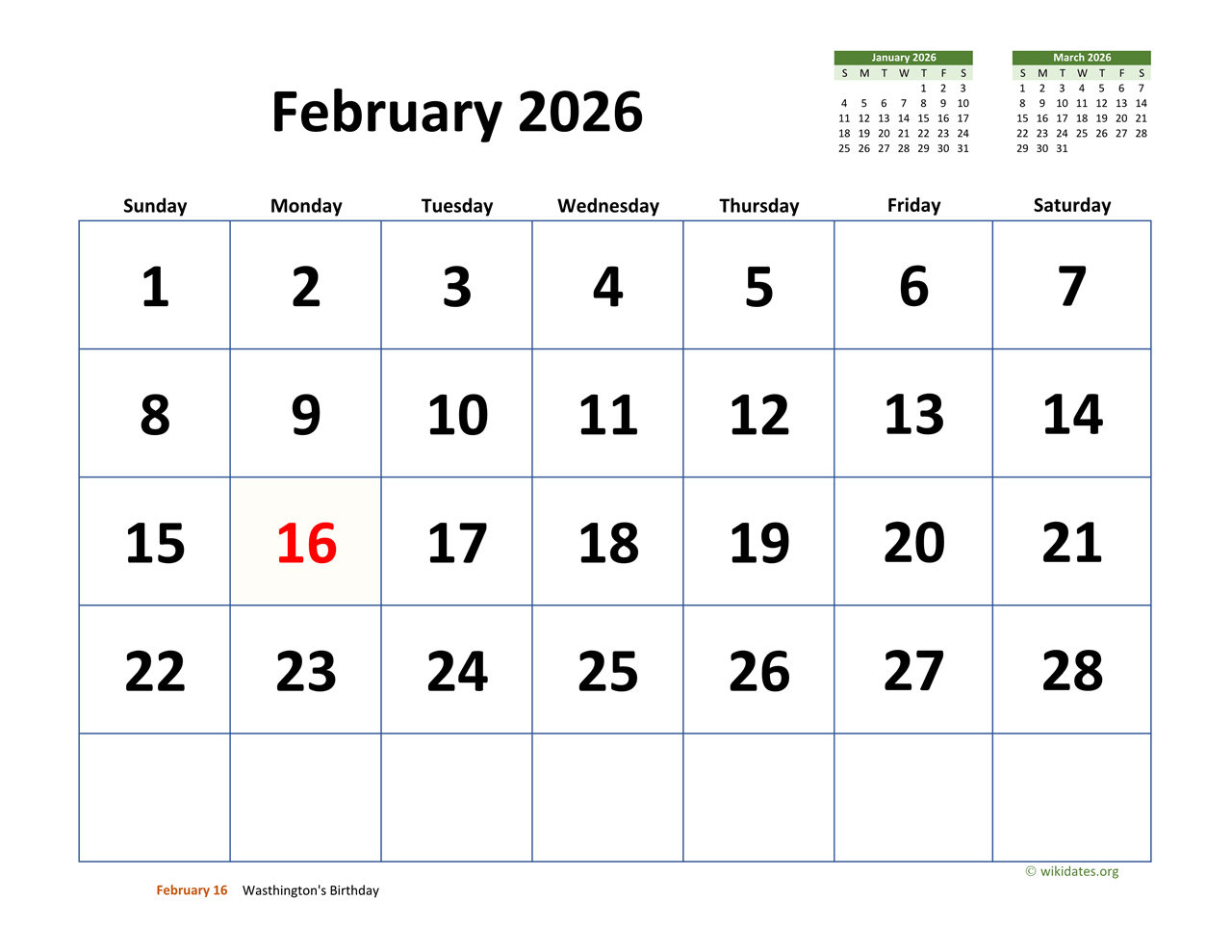 Calendar For February 2026