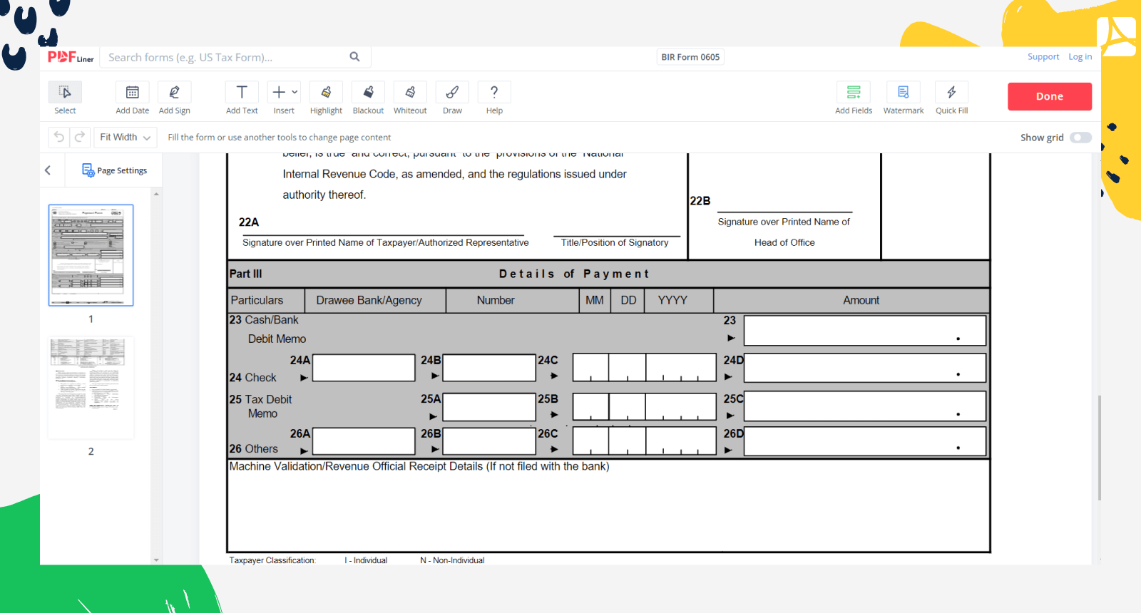Fillable BIR Form 0605 Sign Forms Online PDFliner