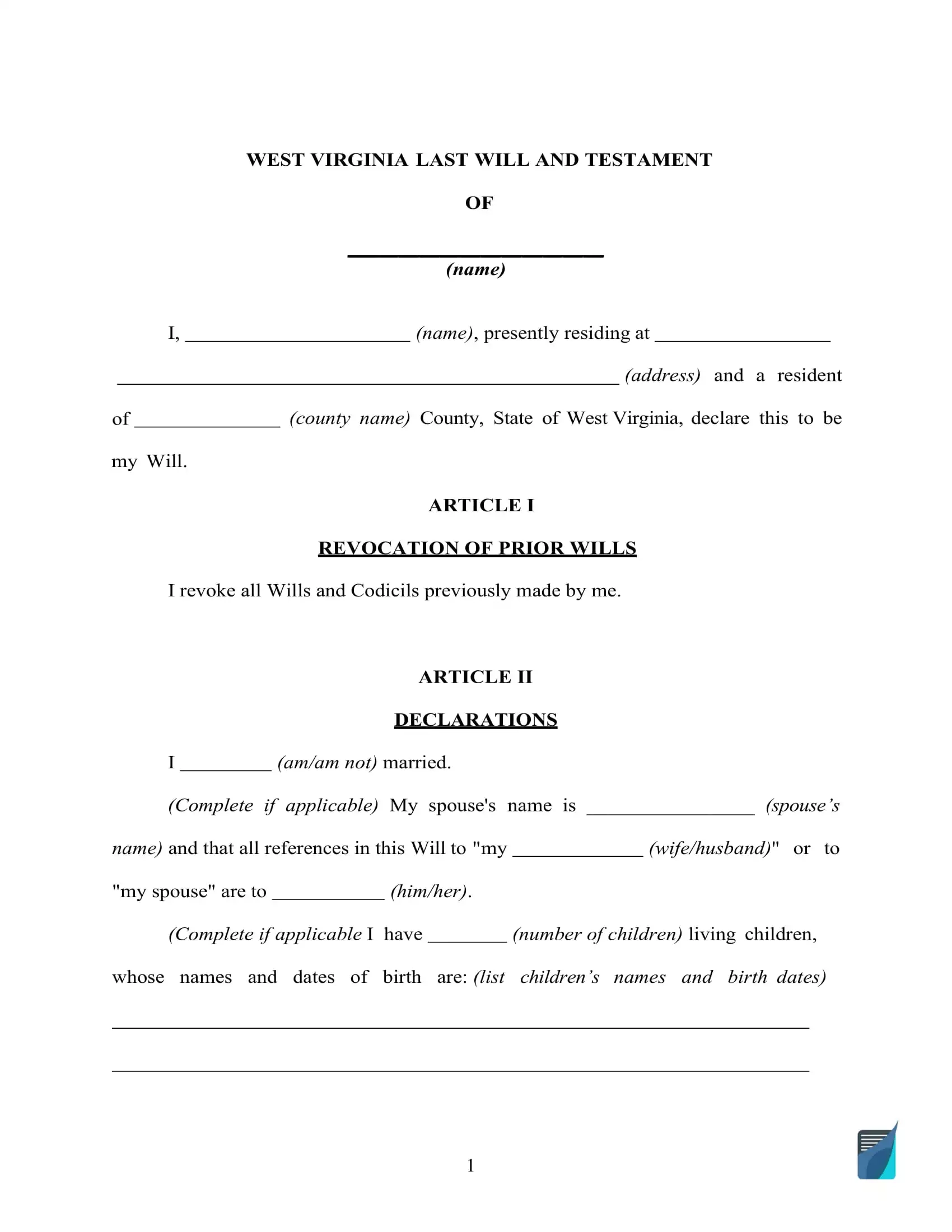Fillable West Virginia Last Will And Testament Form FREE FormsPal