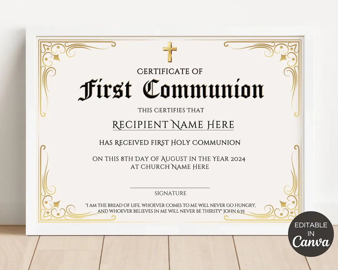 First Communion Certificate Template Editable First Holy 
