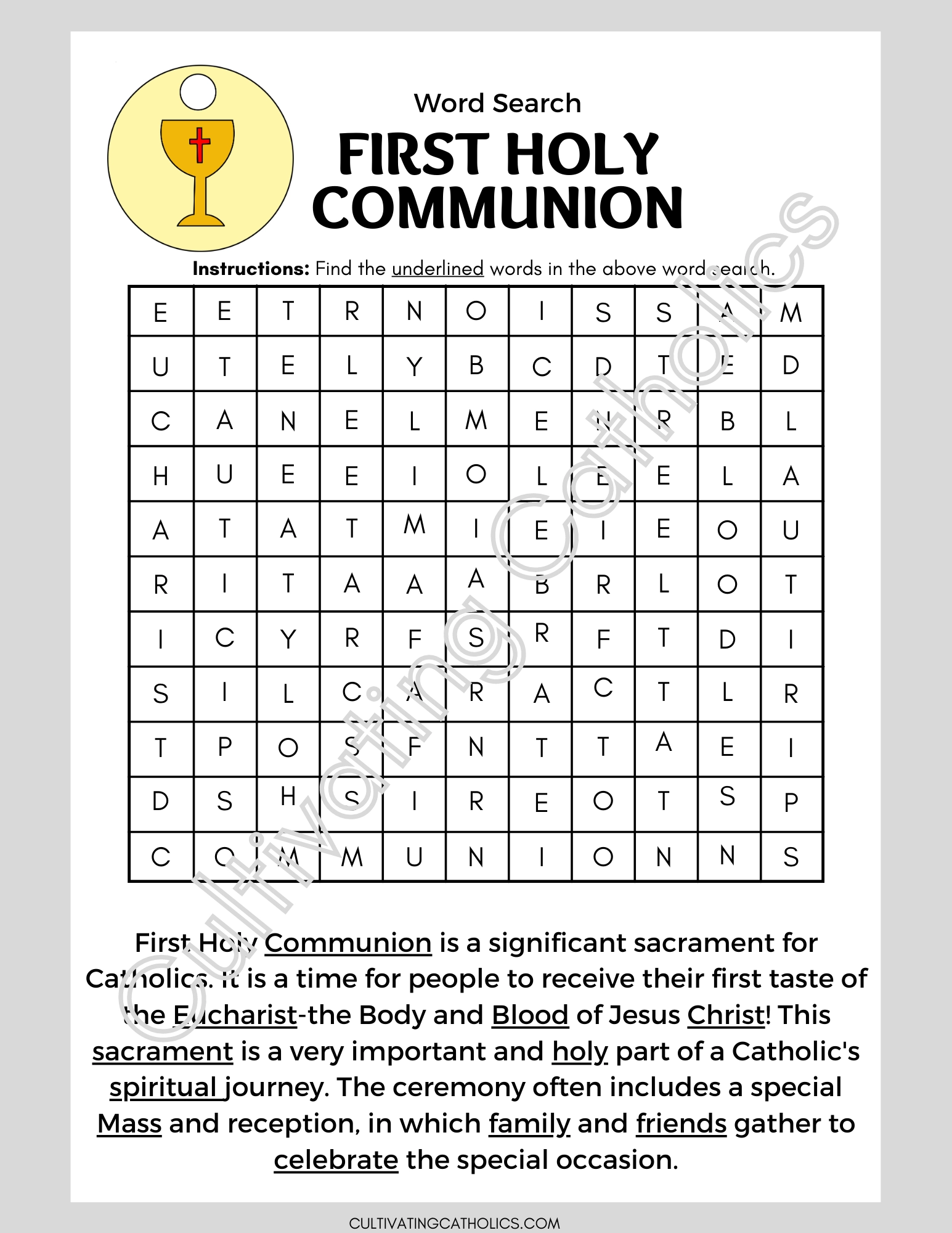 First Communion Word Search Printable