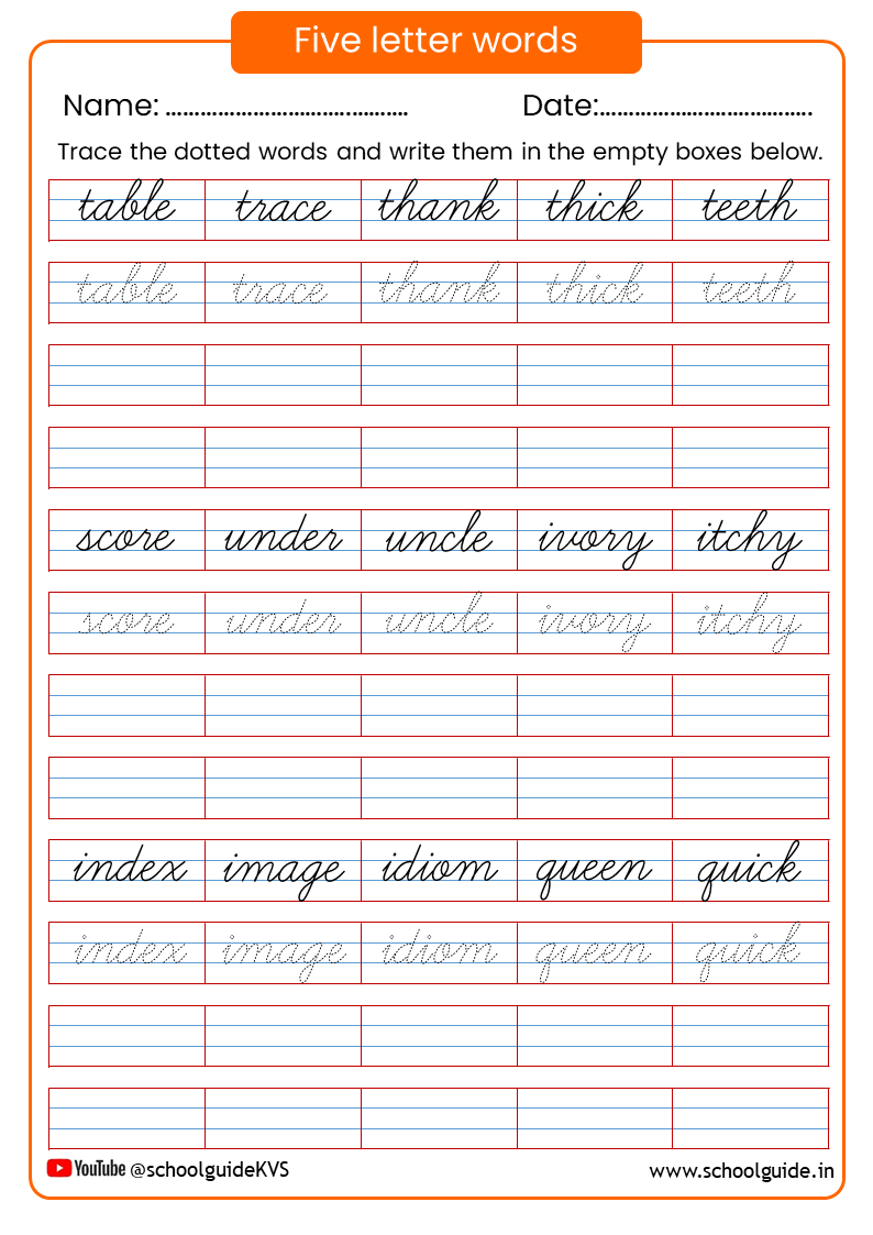 Five Letter Words Cursive Worksheets