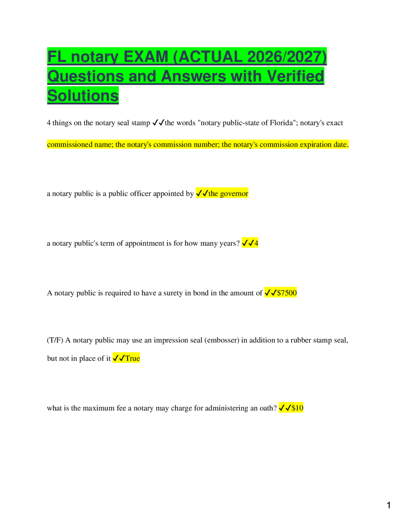FL Notary EXAM ACTUAL 2026 2027 Questions And Answers With 