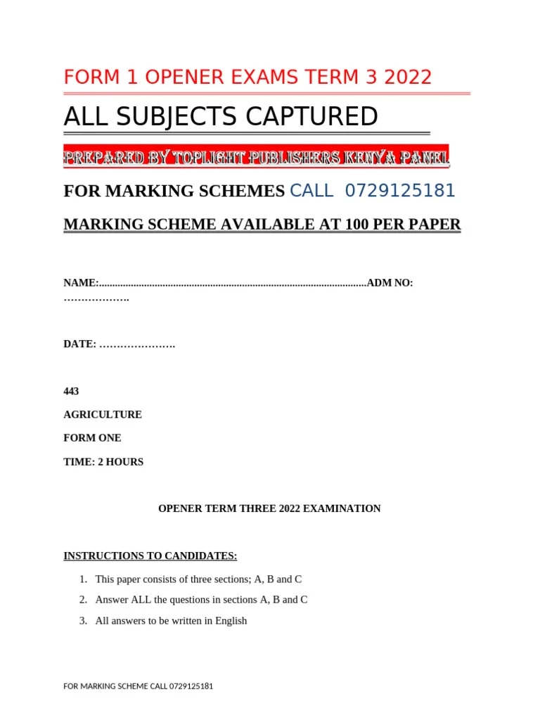 Form 1 Opener Exams Term 3 2022 PDF Tissue Biology 