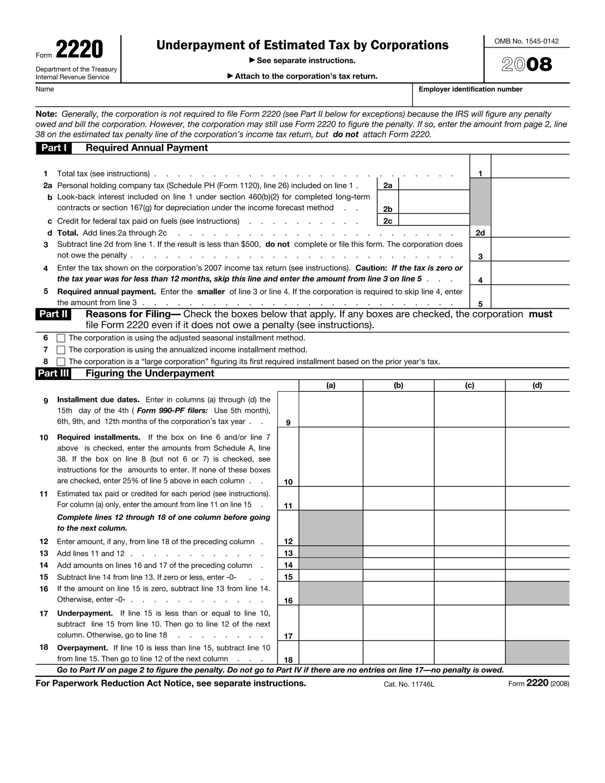 Form 2220 Underpayment Of Estimated Tax By Corporations PDF