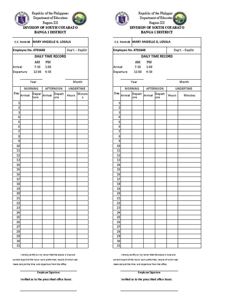 Form 48 Daily Time Record DTR PDF Government Public 