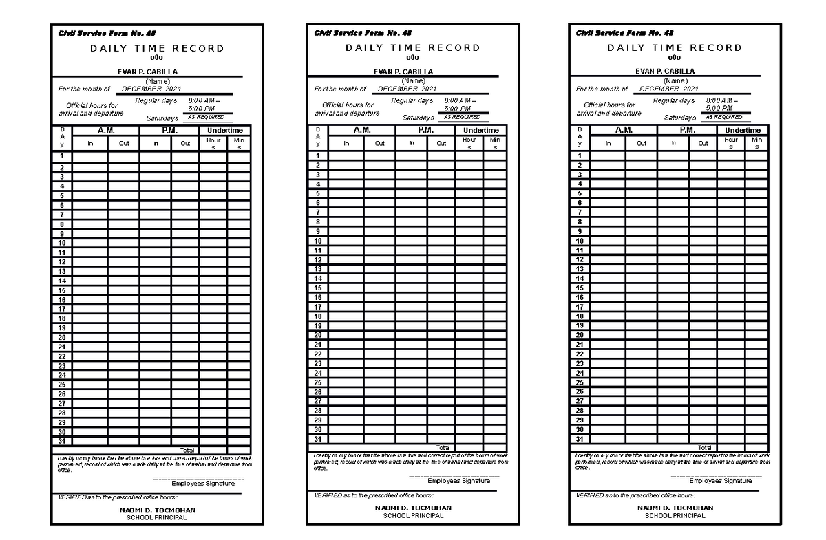 FORM 48 Daily Time Record Template December 2021 Studocu