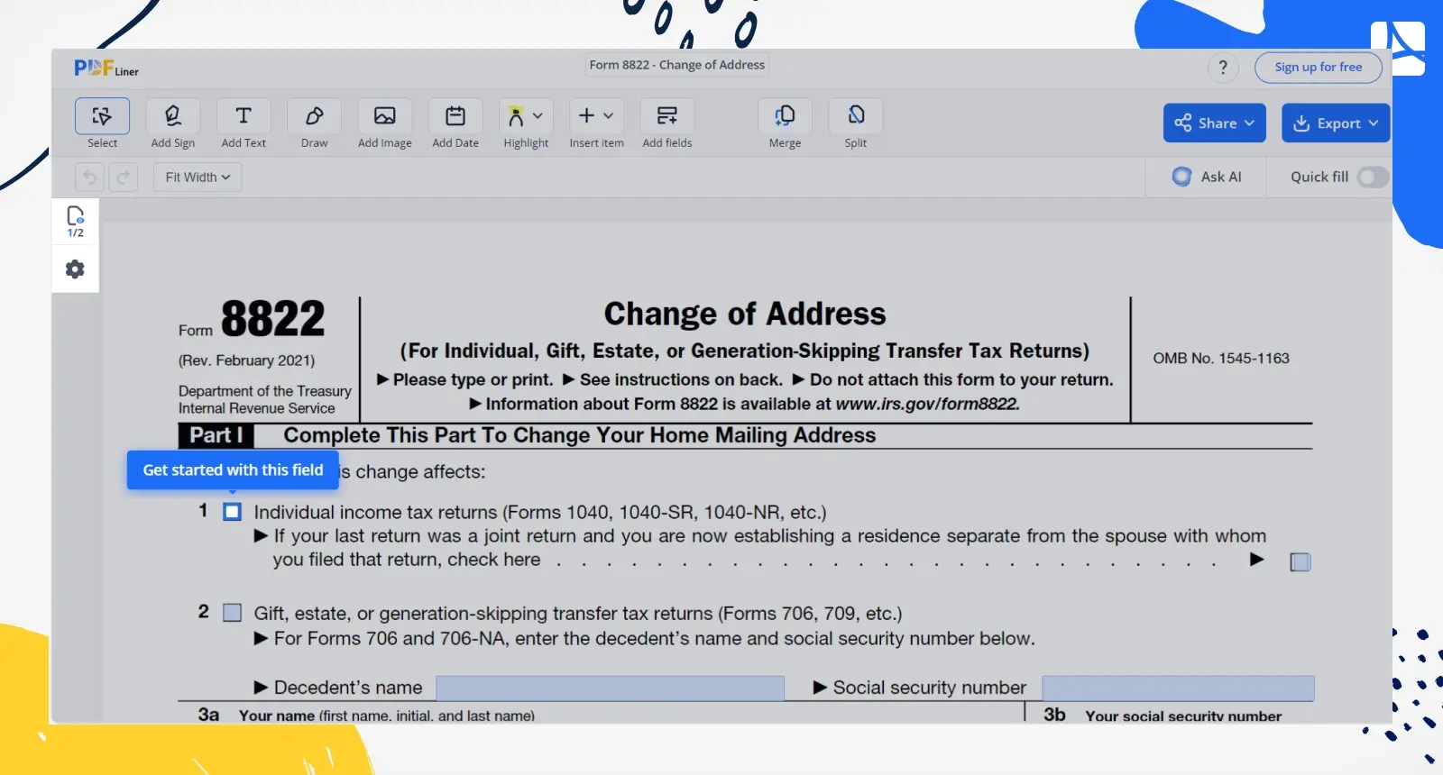 Form 8822 Change Of Address IRS Form 8822 Blank Online PDFliner