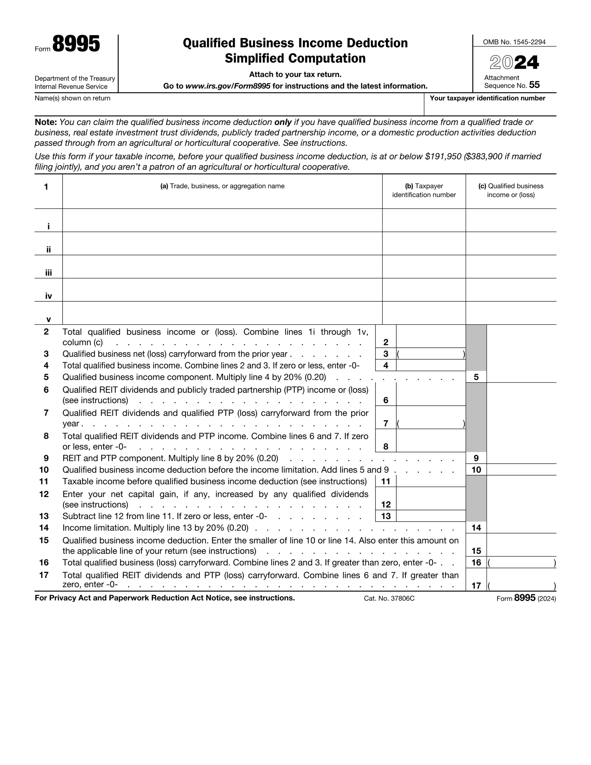 Irs Form 8995 Qualified Business Income