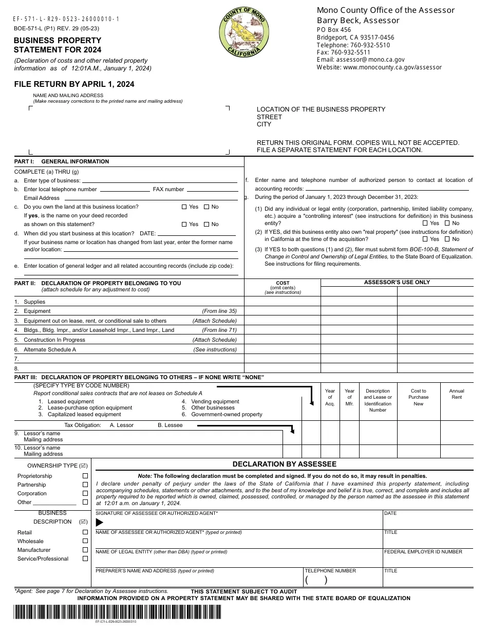 Form 571 L Business Property Statement