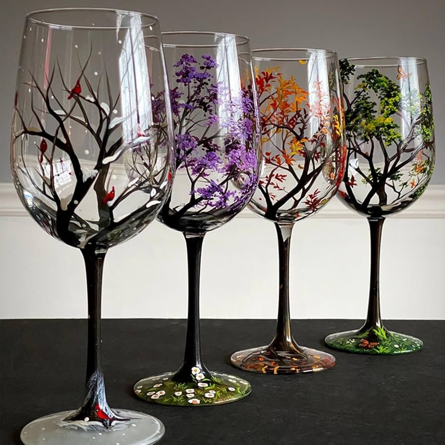 Four Seasons Tree Wine Glasses Hand Painted Art Spring Summer 