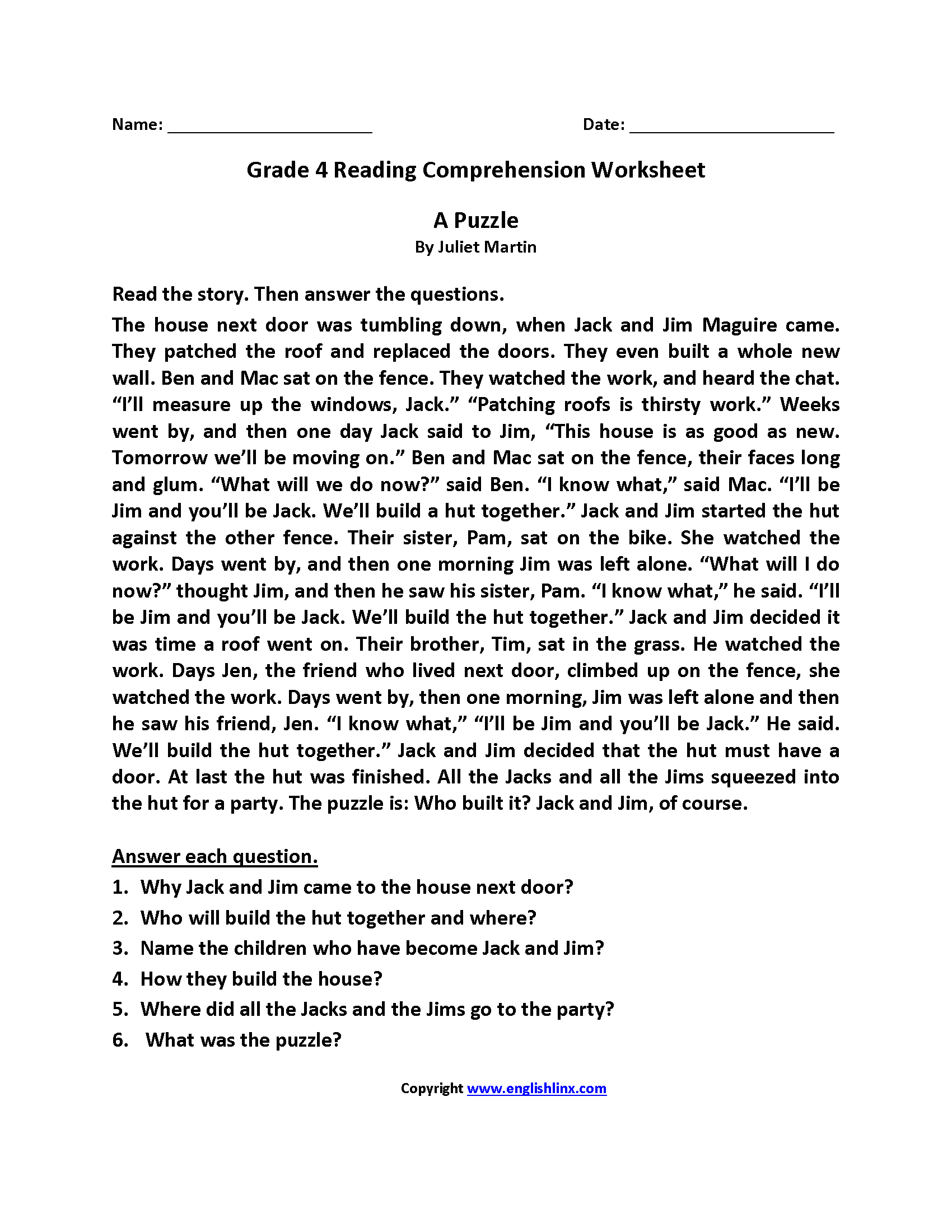 Printable Reading Comprehension Worksheet 4th