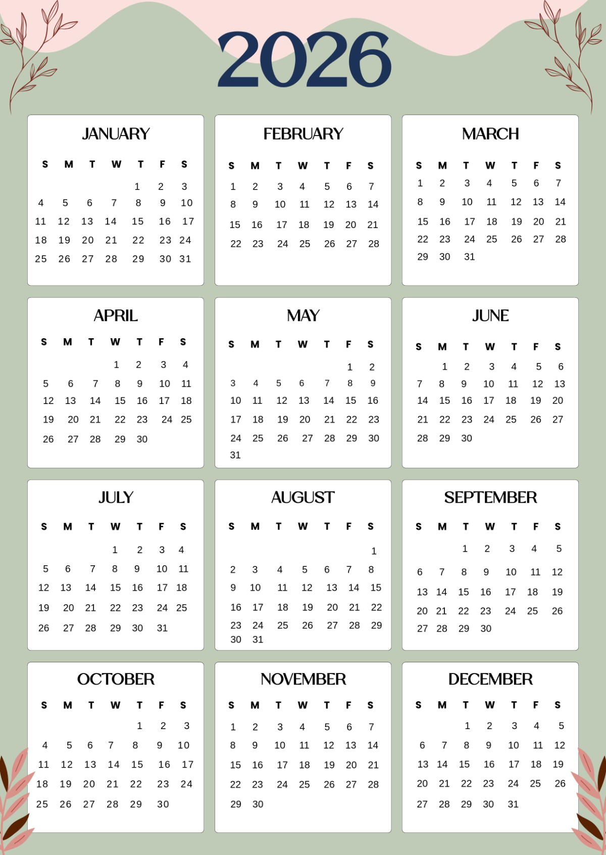 Free Printable 2026 Calendar One Page