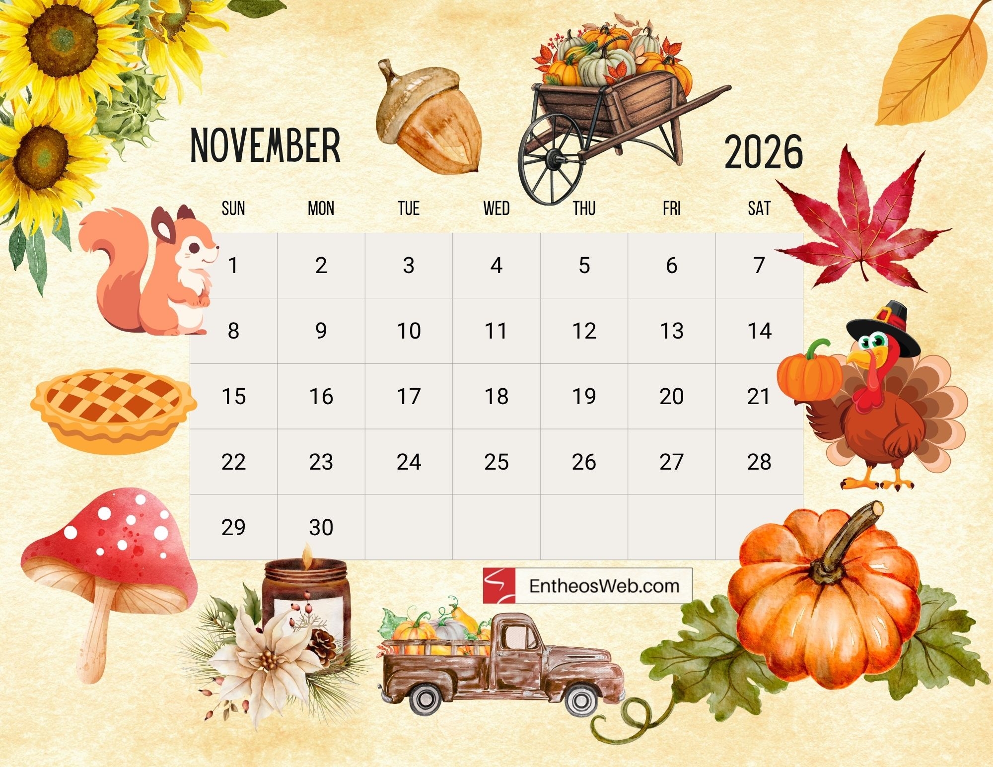 Calendar November 2026 Printable Water Paint