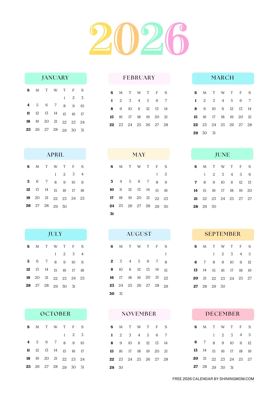Free Printable 12 Month Calendar 2026