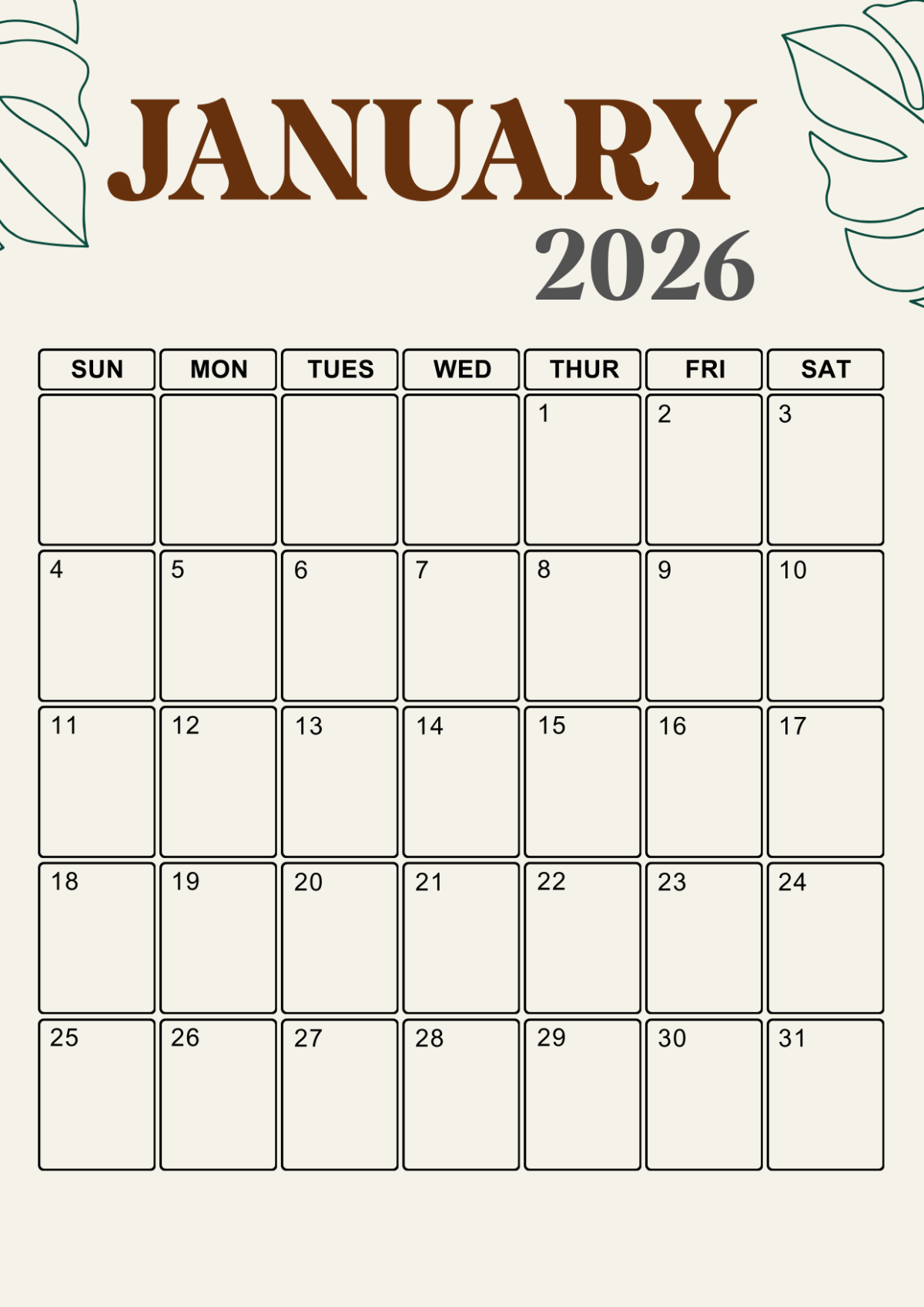 Free A4 Sized January 2026 Calendar Template To Edit Online