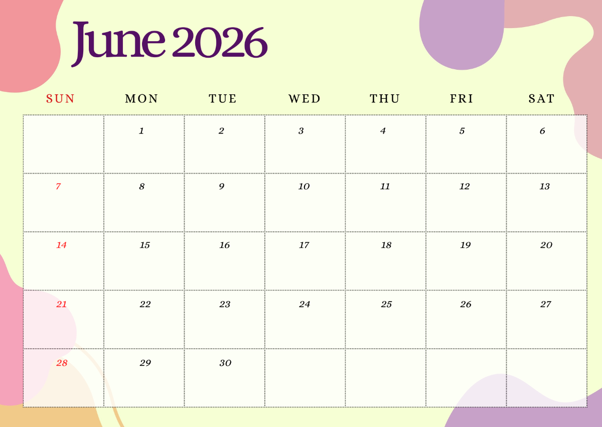 Calendar Template June 2026 Printable Free