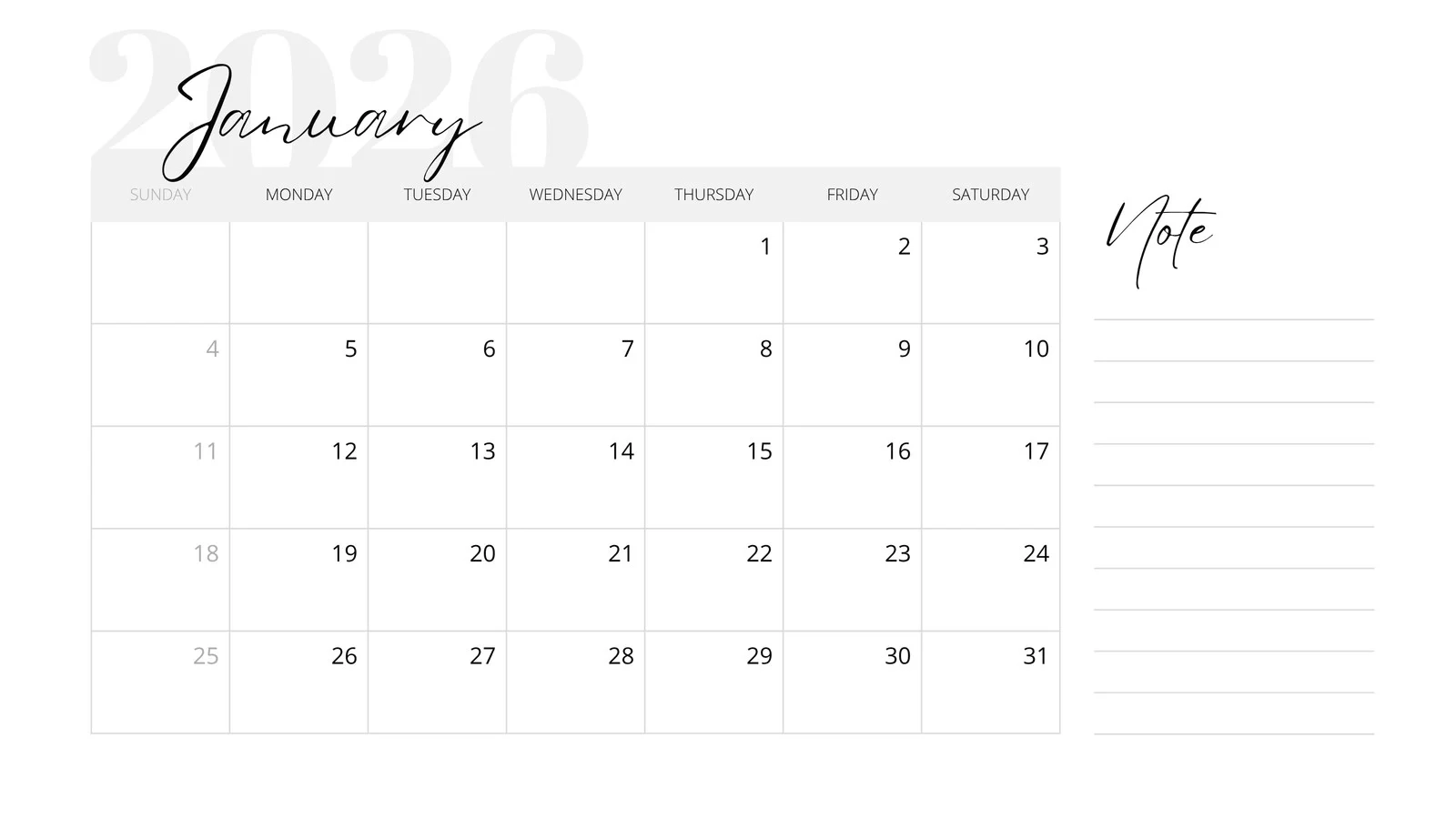 Printable Calendar Jan 2026