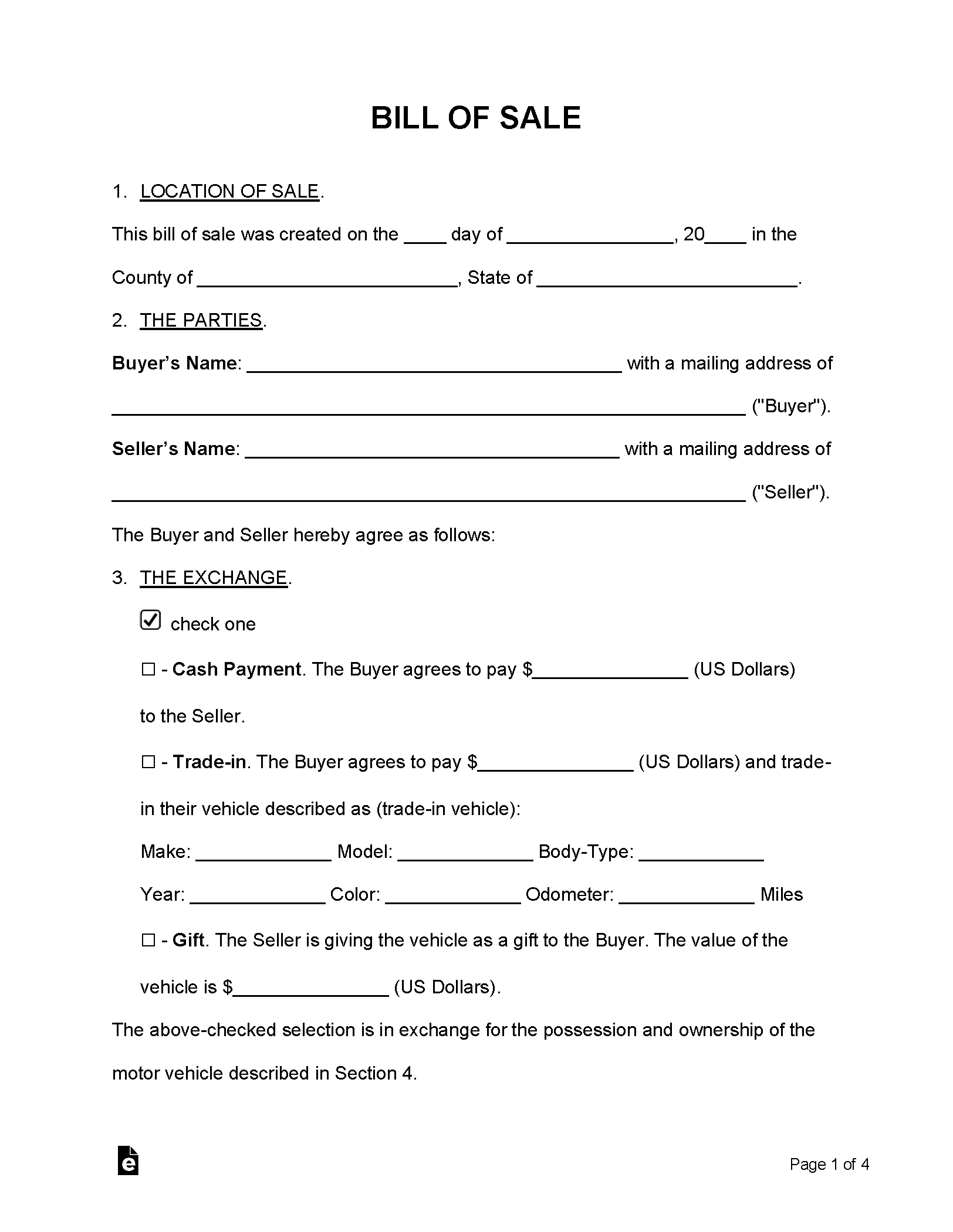 Free Printable Vehicle Bill Of Sale Template