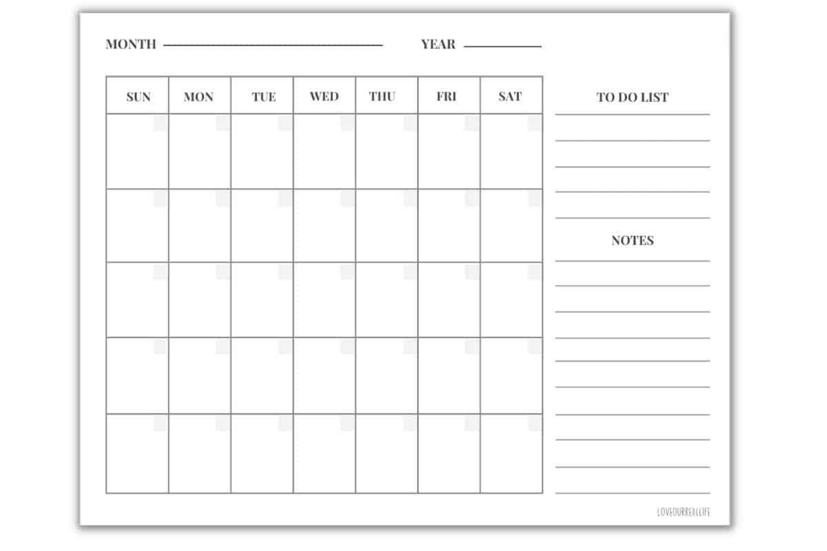 Printable Monthly Calendar Template