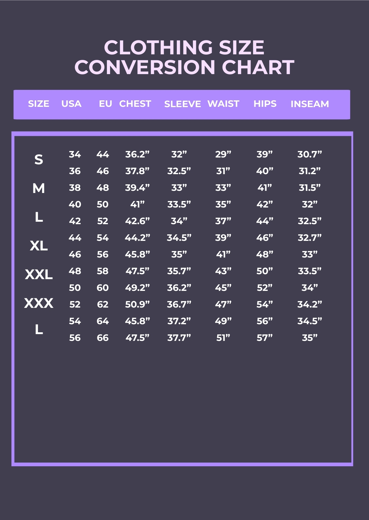 Free Clothing Size Conversion Chart Template To Edit Online