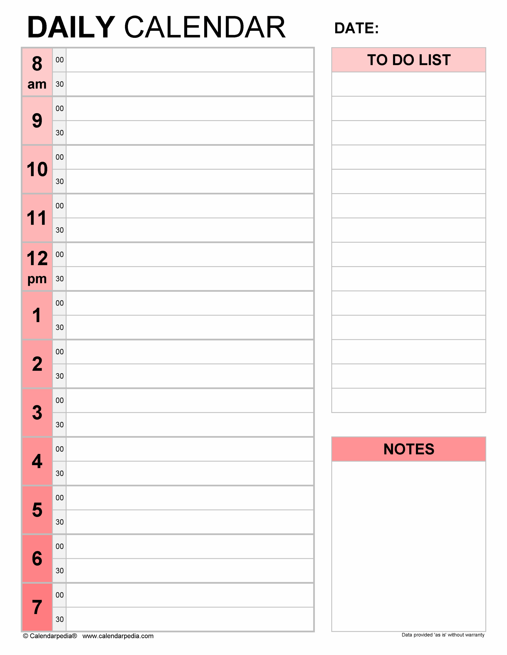 Printable Blank Daily Calendar Template