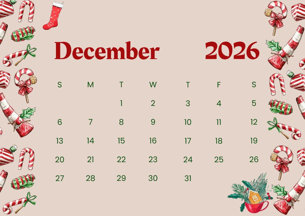 Free December 2026 Calendar With Christmas Decor Template To Edit 