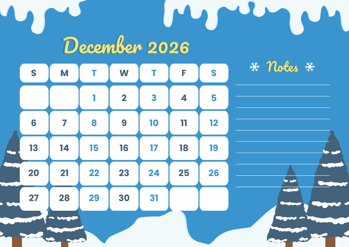 Free December 2026 Calendar With Notes Template To Edit Online