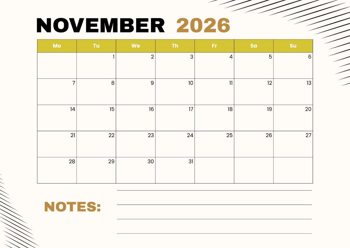 Free Editable November 2026 Calendar Template To Edit Online