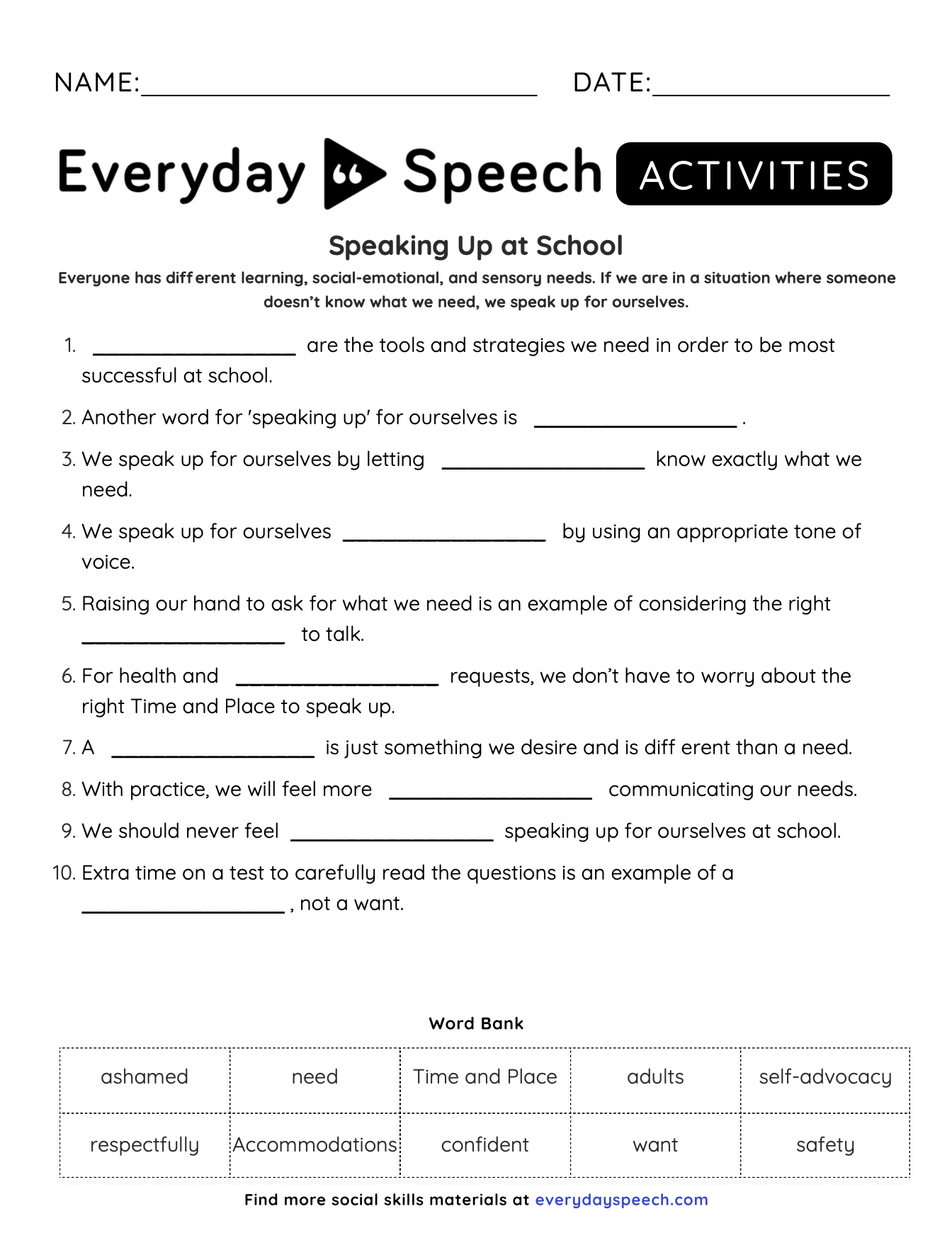 Self Advocacy Worksheets For Students