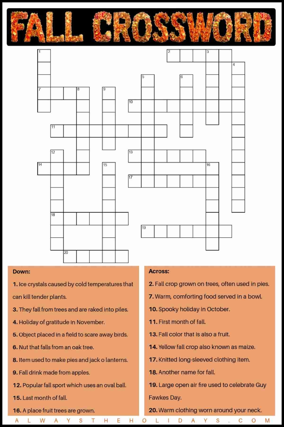 Fall Crossword Puzzles Printable Adult