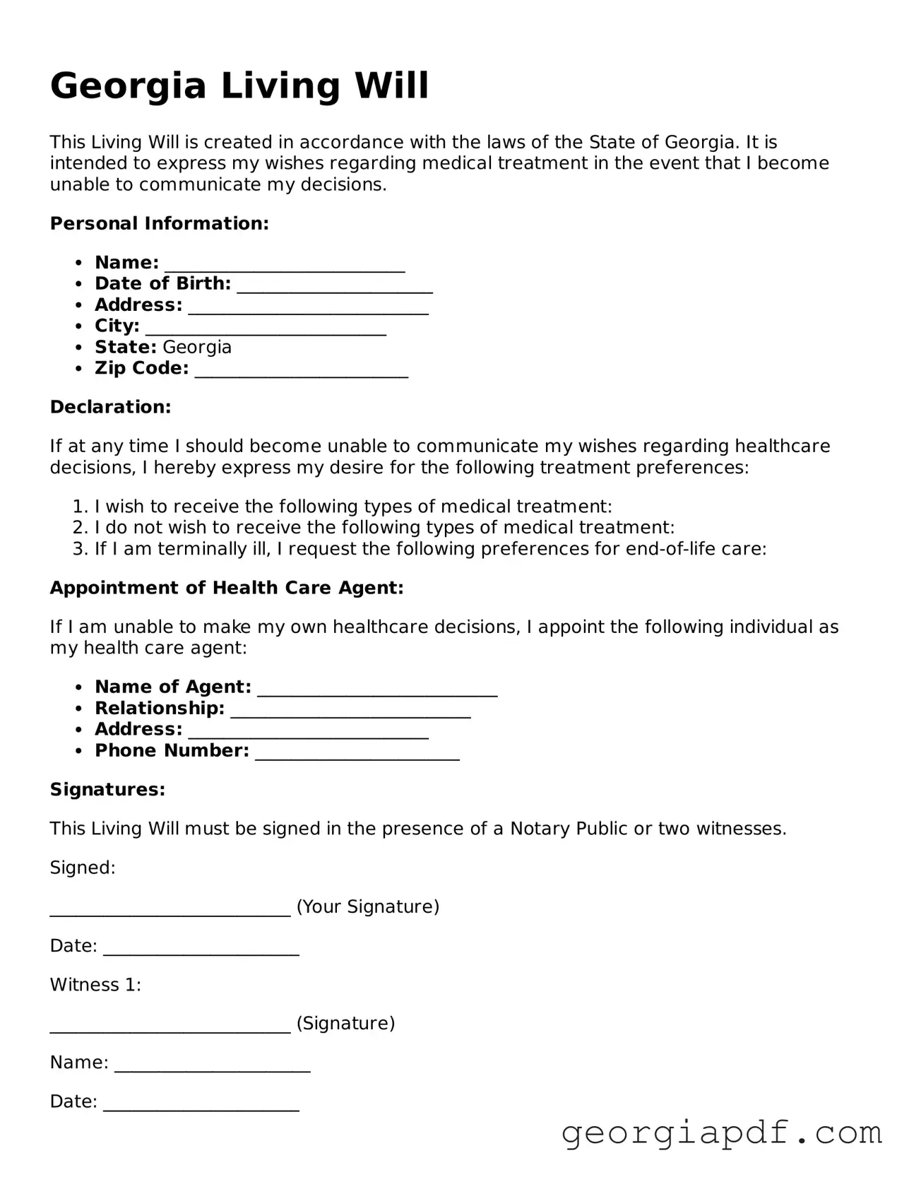 Free Georgia Living Will Forms Blank PDF Template