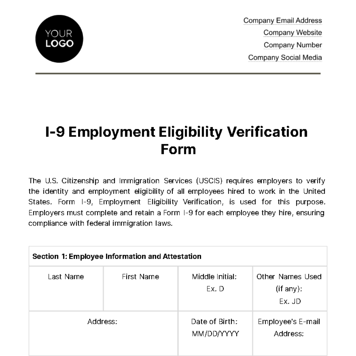 Free I 9 Employment Eligibility Verification HR Template To Edit 