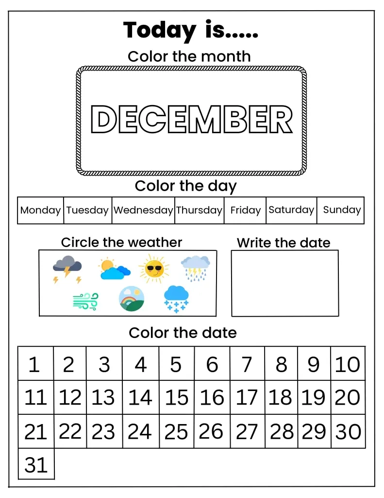 Printable December Calendar Activity