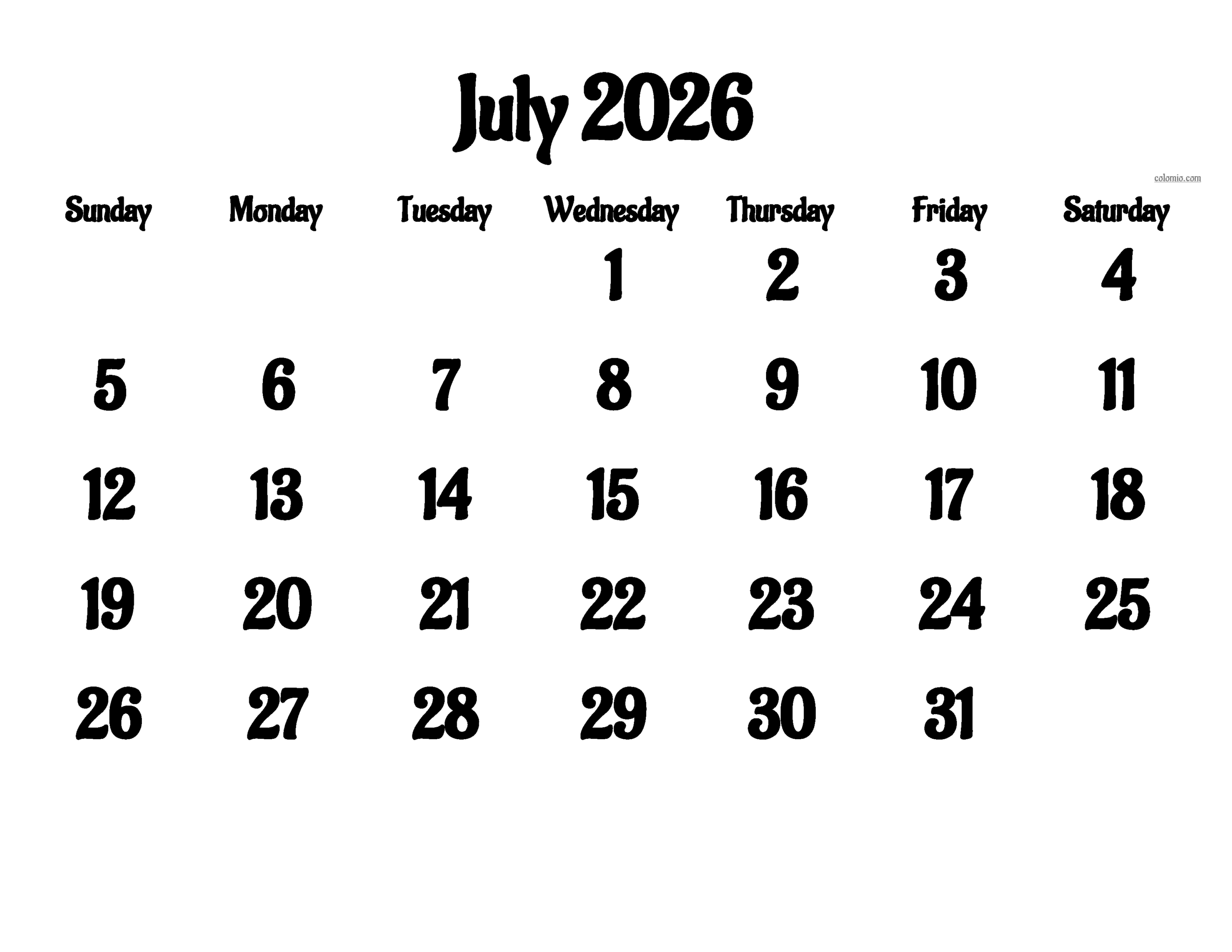 Free July 2026 Calendar Download And Print As PDF XLS And PNG 