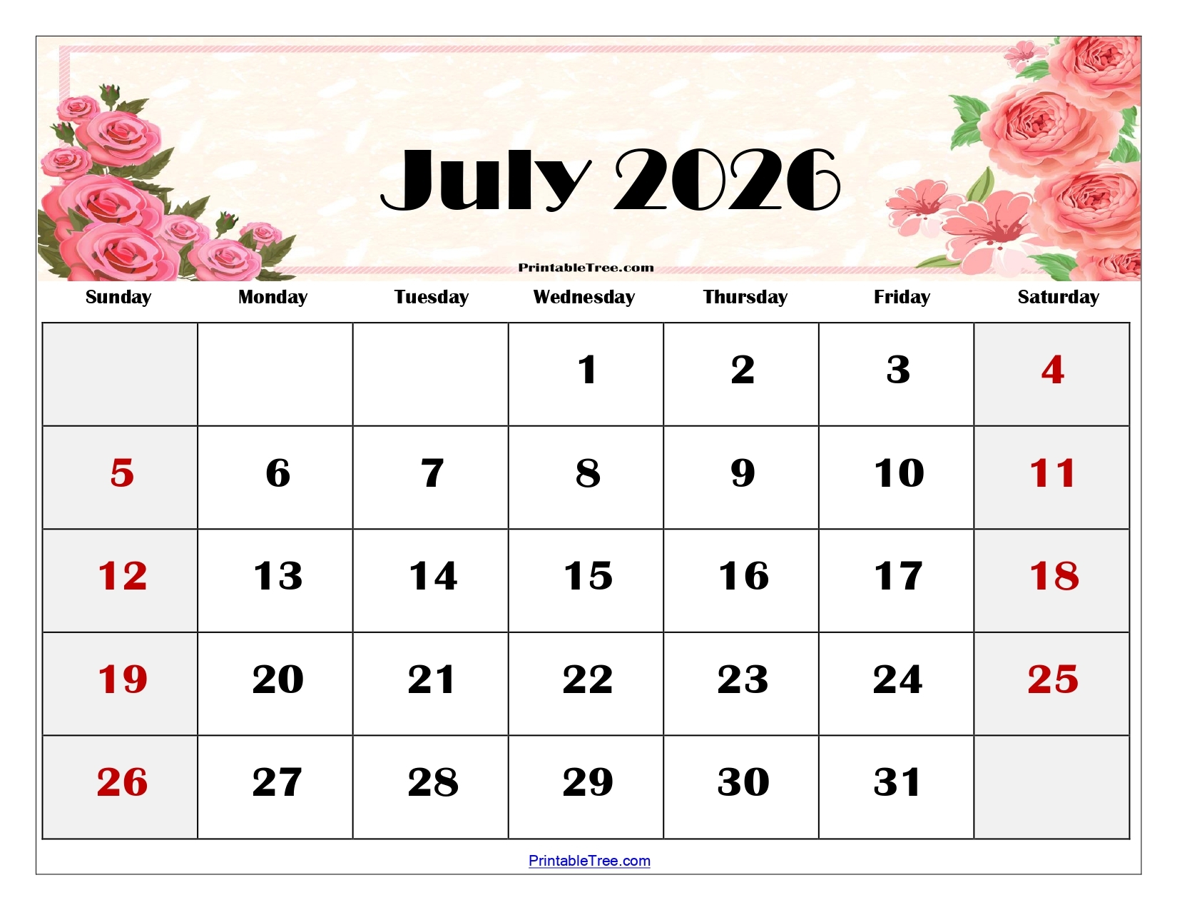 Blank July Calendar 2026 With Holidays