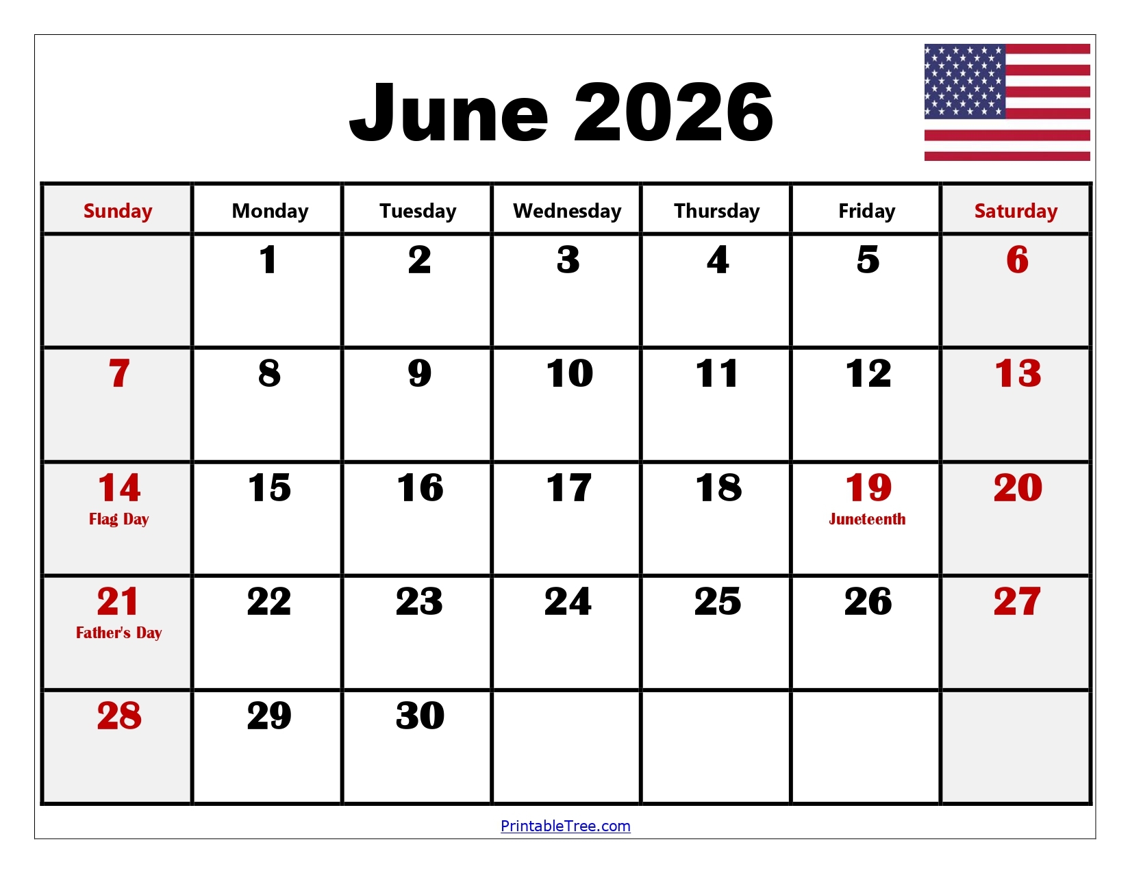 Calendar Template 2026 Printable Free June