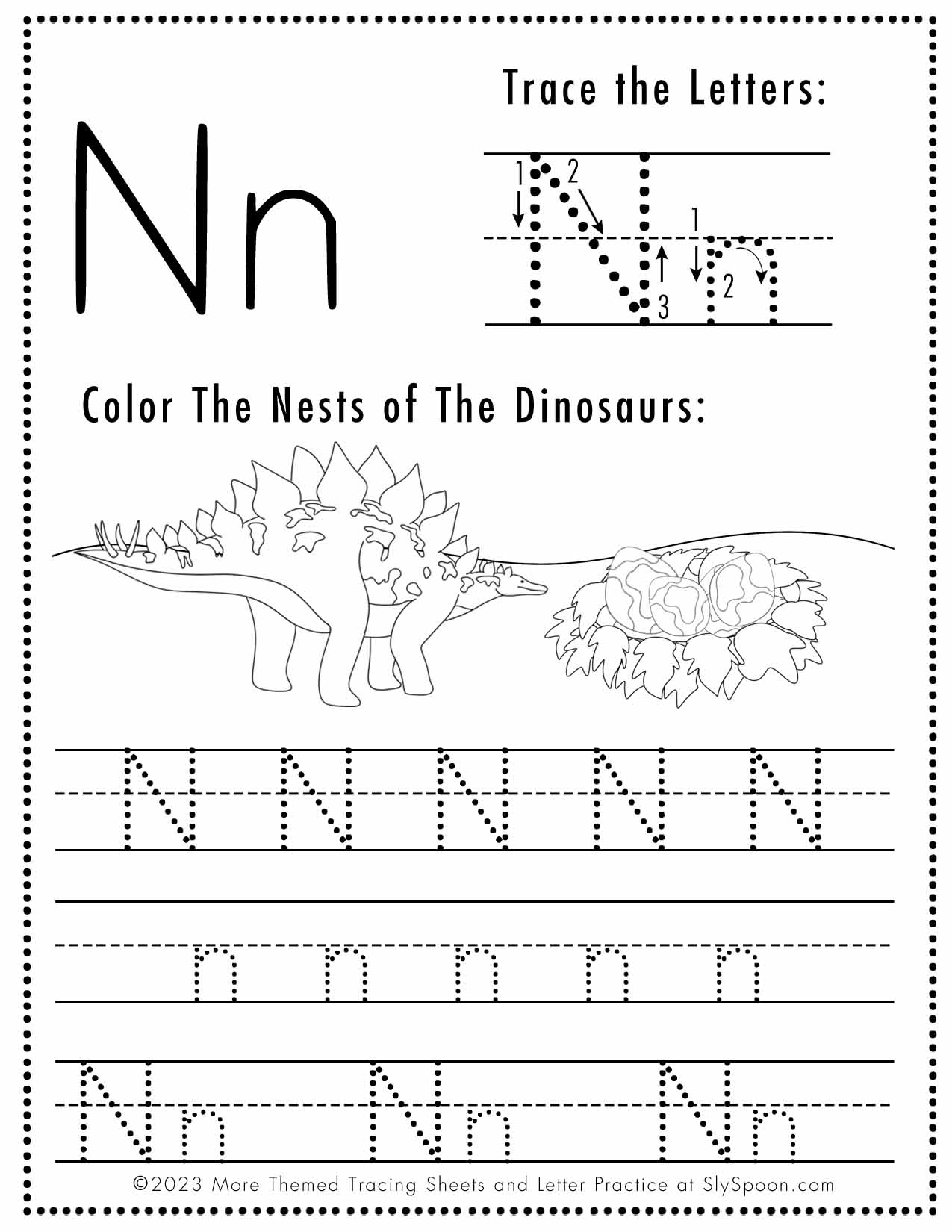 Free Letter N Tracing Worksheet Printable Dinosaur Themed Sly 