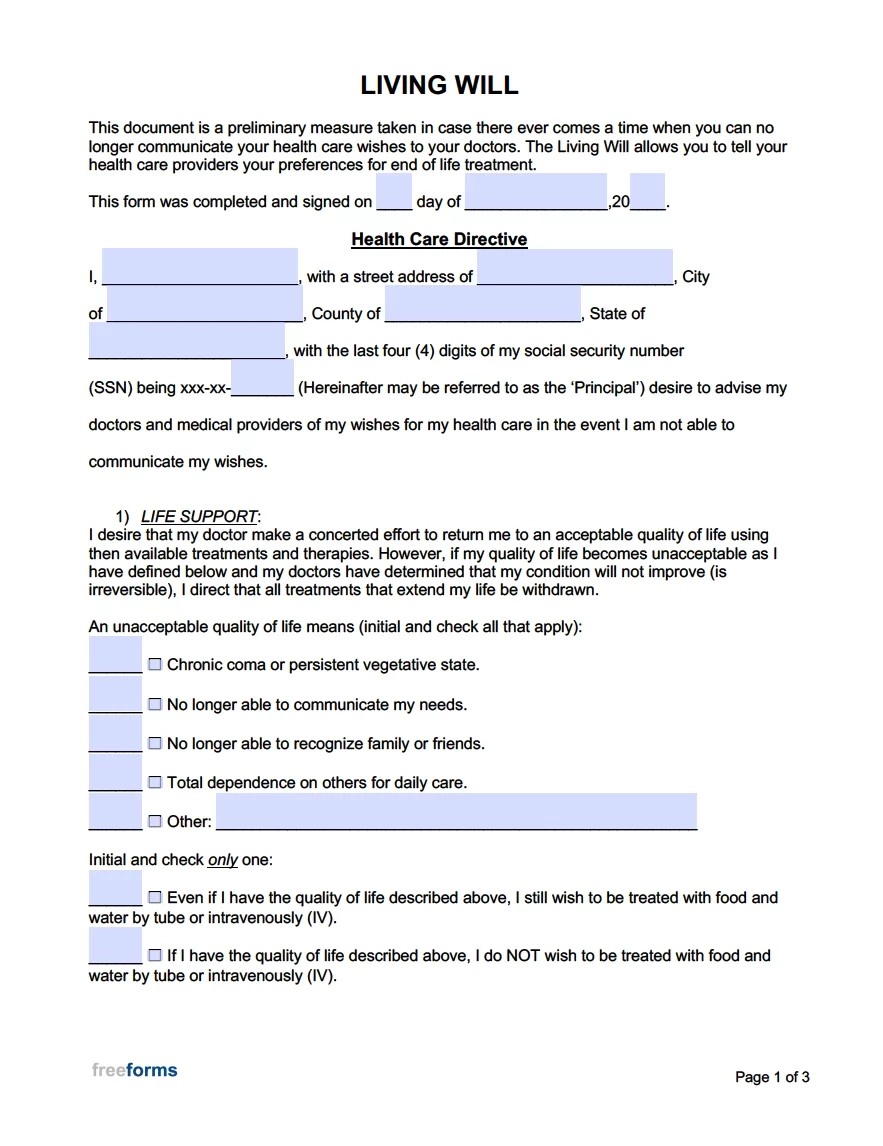 Free Printable Will Template