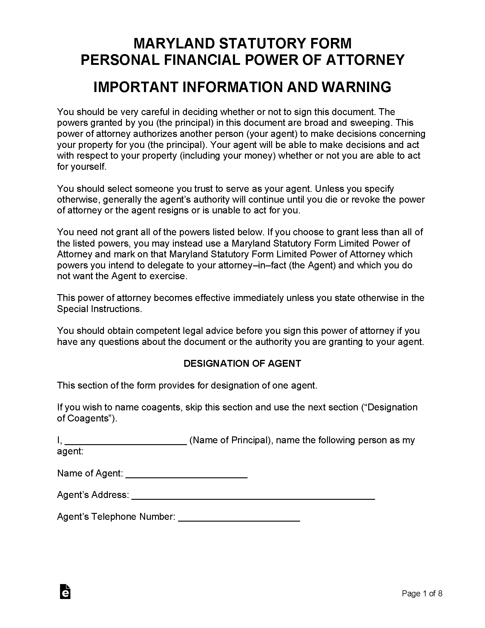 Free Maryland Durable Financial Power Of Attorney Form PDF