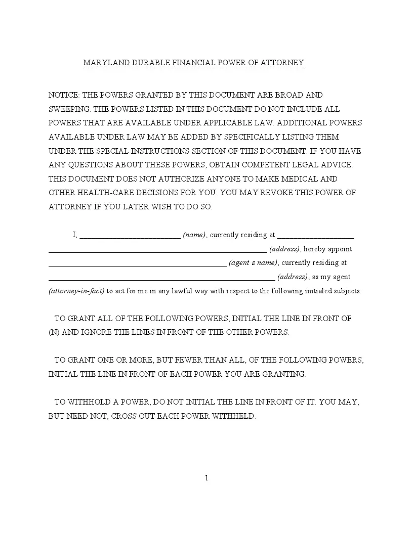 Free Maryland Durable Power Of Attorney Form For Finances FormsPal