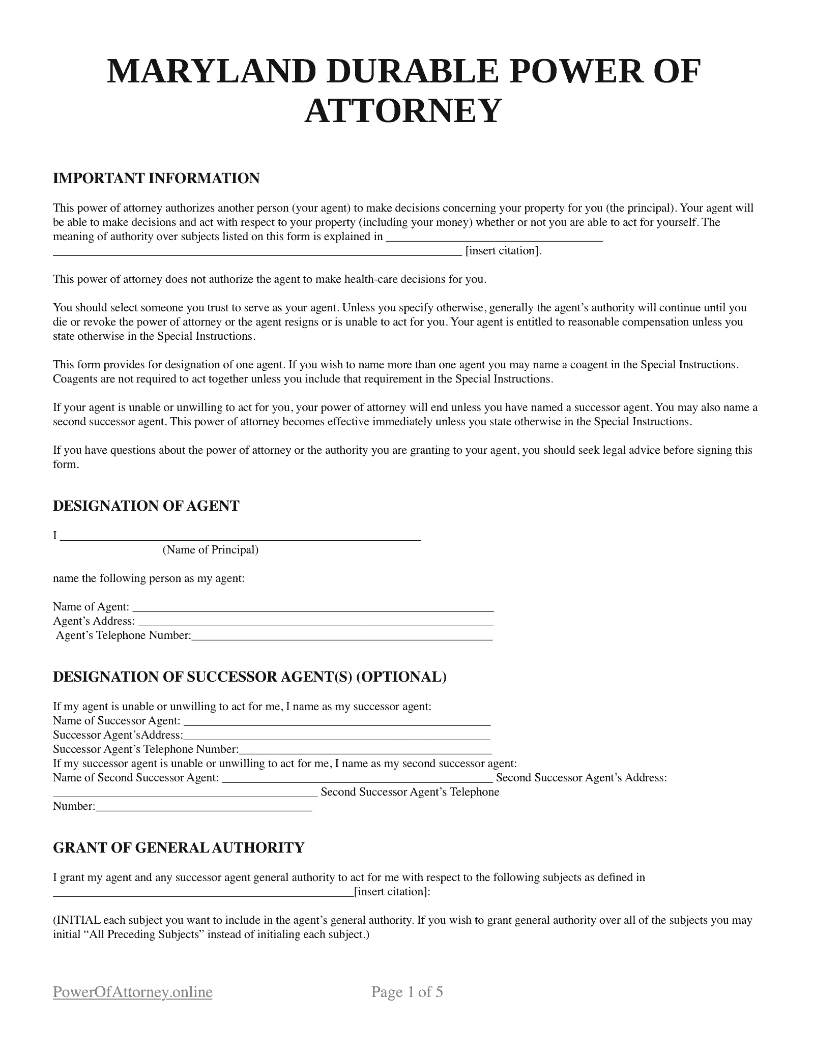 Free Maryland MD Power Of Attorney Forms amp Templates PDF