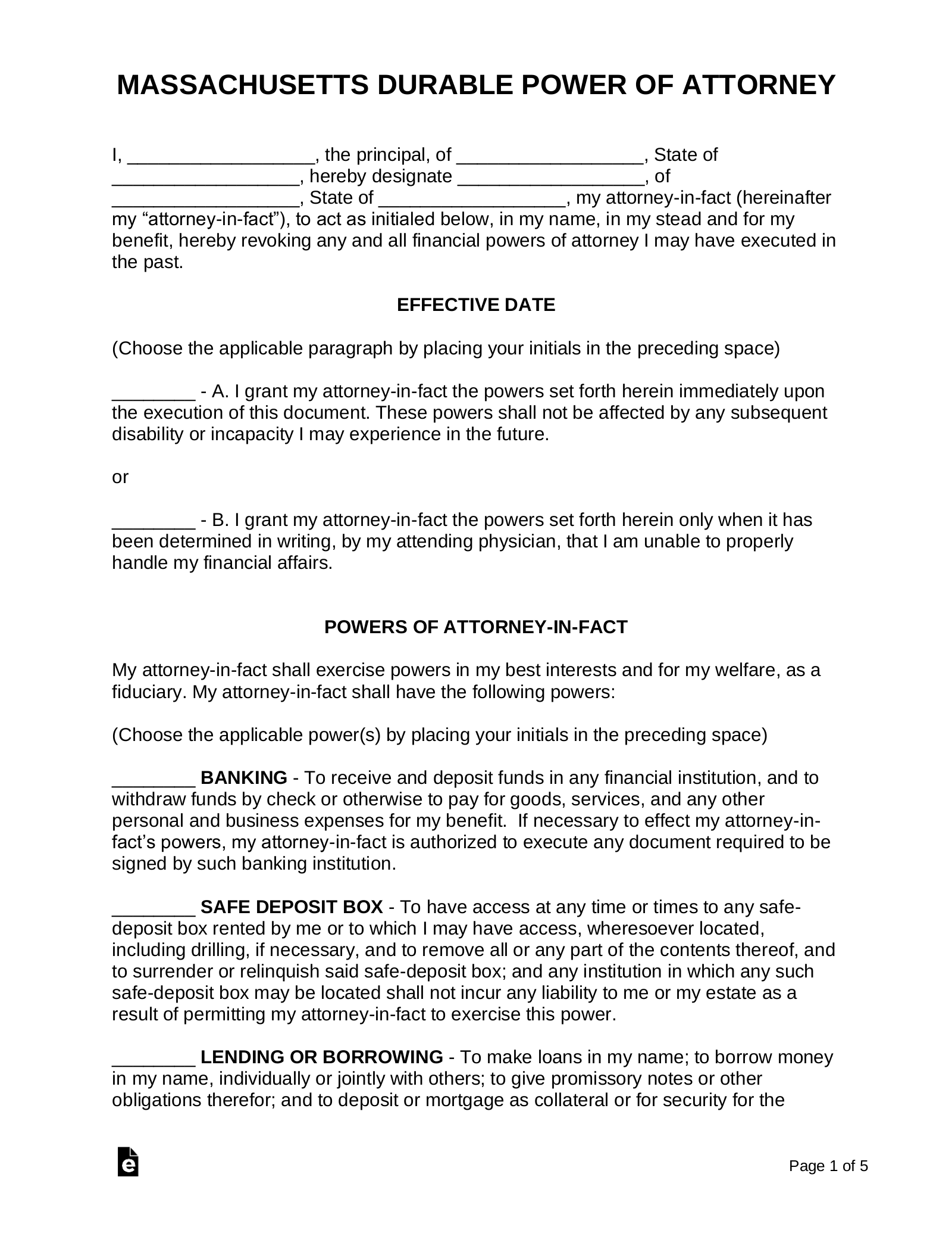 Free Massachusetts Durable Financial Power Of Attorney Form 