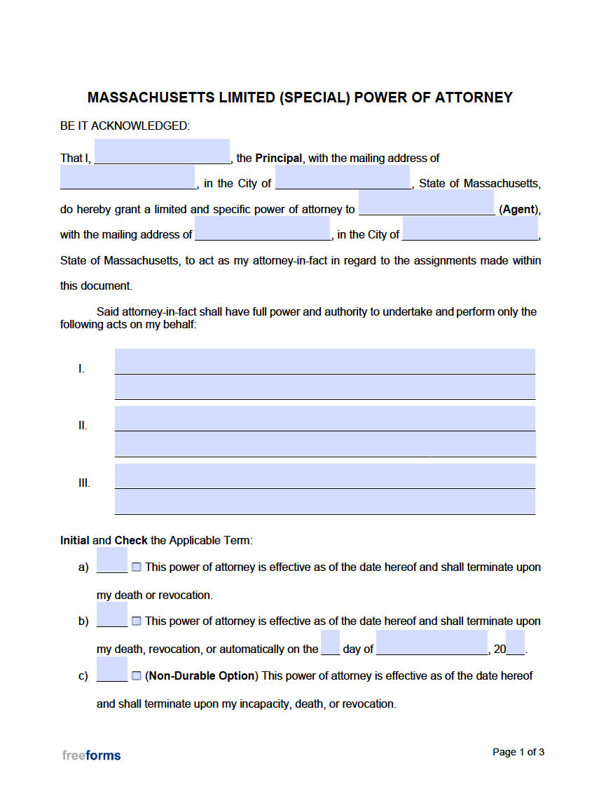 Free Massachusetts Limited Special Power Of Attorney Form PDF 