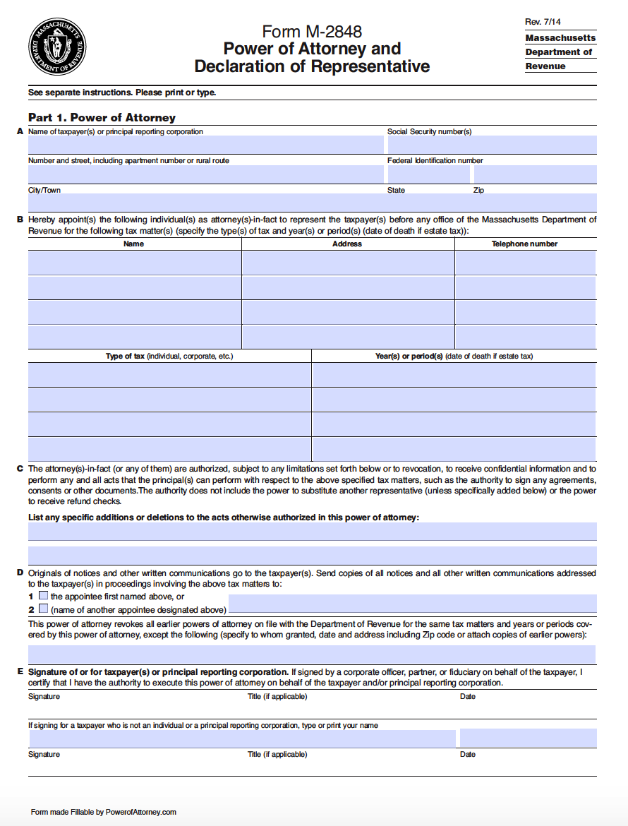 Free Massachusetts Power Of Attorney Forms PDF Templates