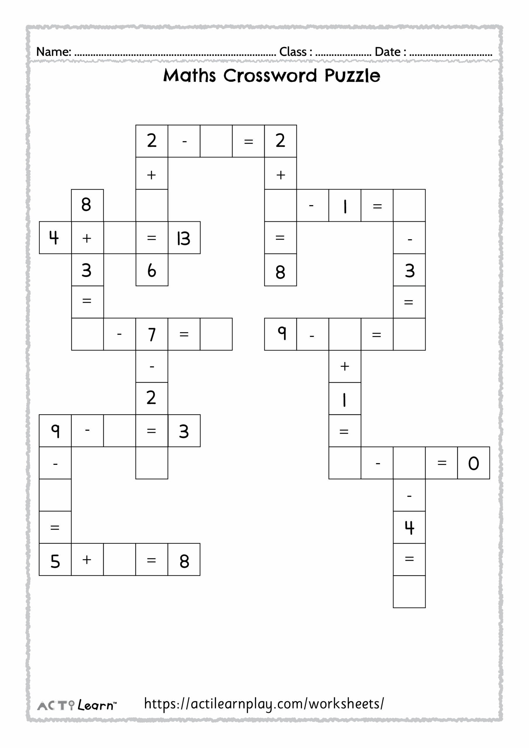 Free Math Crossword Puzzle Addition amp Subtraction For Kids