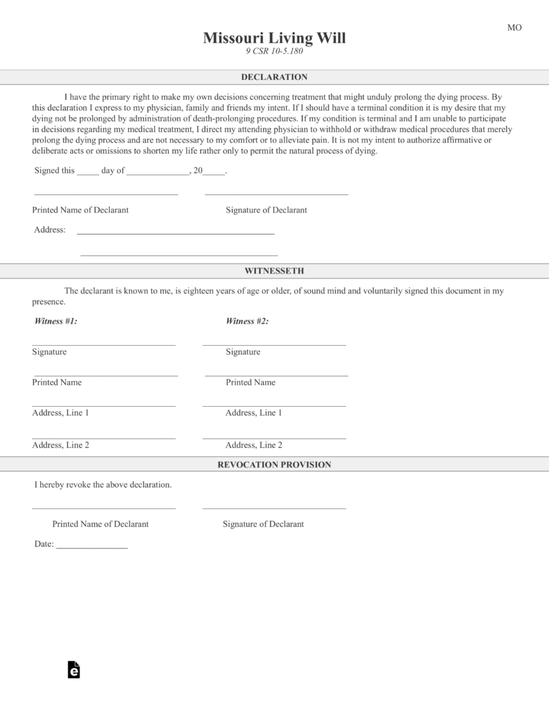 Free Missouri Living Will Declaration Form Template PDF EForms
